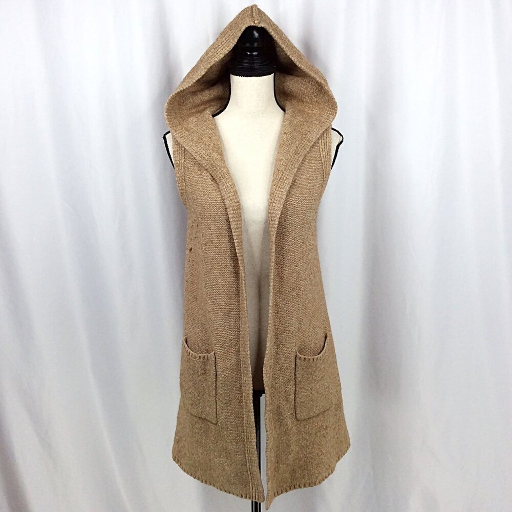 Tahari Wool Blend Hooded Duster Cardigan Sweater Vest Size‎ M Camel Beige Long